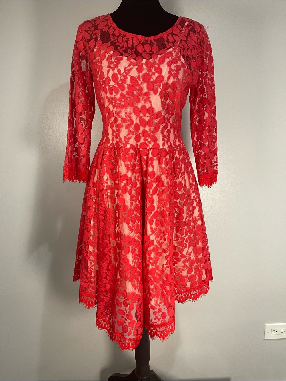 Free People Red Lace Fit-and-Flare Dress with Asymmetrical Hem Sz. 8